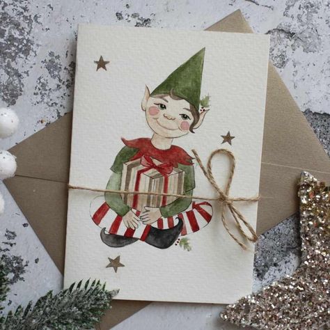 Watercolour painting Christmas Postcard, Elf, Christmas