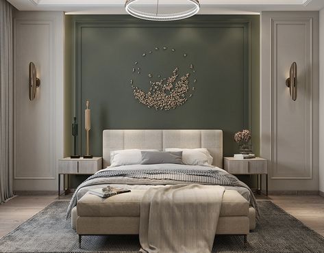 Riham Tarik :: Behance Neo Classical Interiors Bedroom, Classic Bedroom Design Luxury, Neo Classical Bedroom, Classic Bedroom Design, Black Feature Wall, Luxe Bedroom, Neo Classic, Classic Bedroom, Home Design Living Room