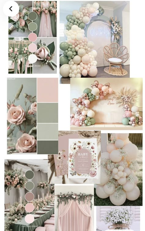 Sage And Blush Gender Reveal, March Baby Shower Themes Girl, Baby Shower Ideas Pastel Colors, Neutral Baby Shower Ideas Girl, Gender Reveal Color Schemes, Baby In Bloom Shower Ideas Table Decor, Baby Shower Pastel Colors, April Baby Shower Themes, Baby In Bloom Gender Neutral