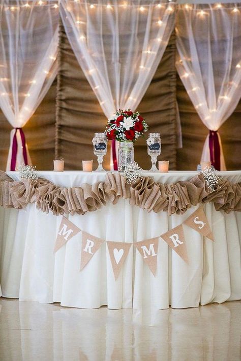 30 Chic Rustic Burlap & Lace Wedding Decor Ideas ❤ lace wedding decor ideas reception table decor Staceyzollphotography #weddingforward #wedding #bride Head Table Wedding Backdrop, Reception Head Table, Burlap Wedding Decorations, Rustic Burlap Wedding, Burlap Lace Wedding, Wedding Reception Backdrop, Reception Table Decorations, Diy Wedding Backdrop, Burlap And Lace