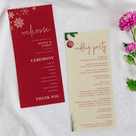 Red Christmas Snowflakes Winter Wedding Program by Khob Wedding Christmas Wedding Programs, Holiday Wedding Ideas, Winter Wedding Programs, Photo Arch, Christmas Wedding Themes, Christmas Arch, Emily Scott, Arch Wedding, Program Ideas