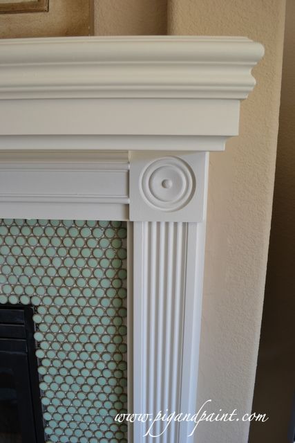 This is exactly the wood trim on my fireplace.  This tile, only not green, would look good.  I HEART Pig n' Paint ideas!! Green Penny Tile, Tile Fireplace Surround, Farmhouse Fireplace Mantels, Vegas House, Tile Fireplace, Fireplace Tile Surround, Paint Fireplace, Penny Round Tiles, Small Fireplace