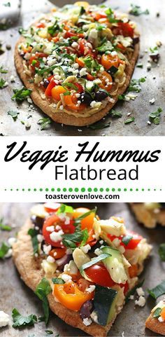 Veggie Hummus Flatbread. Olive oil and Za’atar seasoned flatbread smothered in hummus and topped with fresh crisp veggies. A quick and healthy toaster oven lunch for two. Flatbread Topping Ideas, Hummus Flatbread, Flatbread Toppings, Veggie Hummus, Veggie Flatbread, Lunch For Two, Toaster Oven Recipes, Cooking App, Yum Recipes