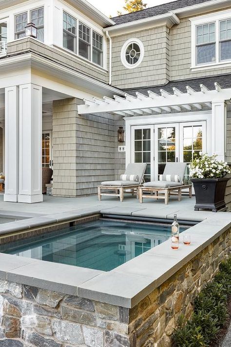 Rustic Stone Clad Spa with Gray Pool Line Tiles - Transitional - Pool Cape Cod Interiors, Cape Cod Architecture, Cape Cod Exterior, Cape Cod Cottage, Cape Cod Style House, Cape Cod Style, Dream Beach Houses, Cape House, Cape Cod House