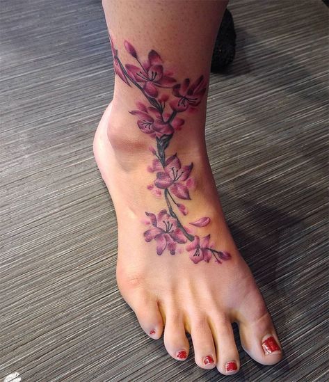 Cherry Blossom Tattoos -30+ Ideas - Top Beauty Magazines Cherry Blossom Foot Tattoo, Tattoo Text, Cherry Blossom Tree Tattoo, Tattoo Foot, Ankle Tattoo Designs, Foot Tattoos For Women, Head Tattoo, Cherry Blossom Tattoo, Blossom Tattoo