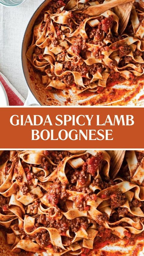 Giada Spicy Lamb Bolognese Ground Lamb Pasta, Lamb Bolognese Recipes, Ground Lamb Pasta Recipes, Lamb Bolognese, Courtney Williams, Ground Lamb Recipes, Lamb Pasta, Ground Chuck, Giada Recipes