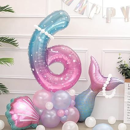 Mermaid Balloon Bouquet, Number Balloon Bouquet, Teal Party Decorations, Mermaid Number, Giant Number Balloons, 6th Birthday Girls, Birthday Under The Sea, Teal Party, Mermaid Birthday Decorations