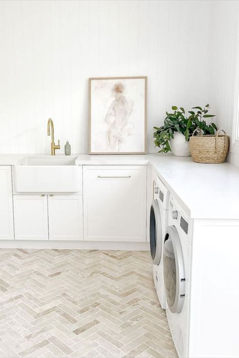 Light and bright laundry featuring stone coloured herrringbone tiles on the floor and VJ panelling on the wall. Featured here is the Turner Hastings Novi 61 x 46 Universal Flat or Ribbed Fireclay Butler Sink Herringbone Floor Tiles, Herringbone Subway Tile, White Herringbone Tile, Luxury Laundry, Herringbone Tile Floors, Interior Design Principles, Laundry Room Flooring, White Laundry, Room Tips