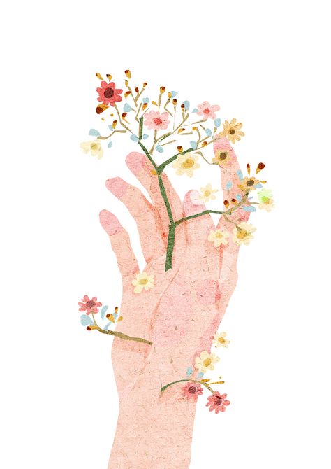 blossom | xuan loc xuan Illustration Art Nouveau, Holding Flowers, Hand Holding, Art And Illustration, Pattern Illustration, Cute Illustration, 그림 그리기, Drawing Inspiration, Aesthetic Art