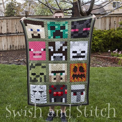 Crochet Minecraft Granny Square, Minecraft Granny Square Blanket, Minecraft Crochet Patterns Free Blanket, Minecraft C2c Crochet Pattern, Minecraft Crochet Tapestry, How To C2c Crochet, Minecraft Tapestry, Crochet Minecraft Pattern Free, Minecraft Crochet Blanket