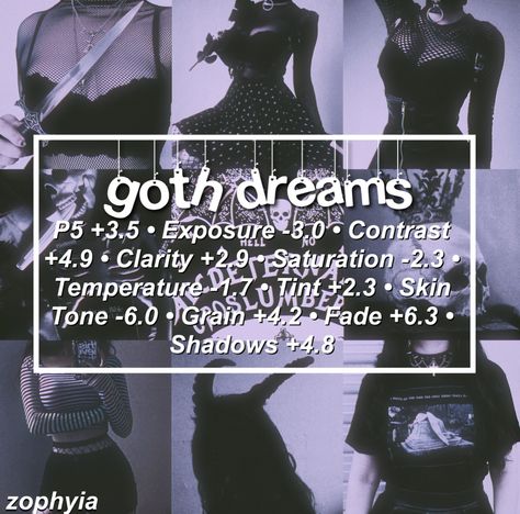 goth. dreams; please give credit when using! 🖤🍒  ~works best with  pictures that have white and black tones and good lighting ~   Vsco: Filter: P5 3.5 Exposure: -3.0 Contrast: 4.9 Clarity: +2.9 Saturation: -2.3 White Balance: Temp. -1.7 Tint. +2.3 Skin tone: -6.0 Vignette: +4.6 Grain: +4.2 Fade: +6.3 Shadows: +4.8  Prequel:  Disco 4 Grain 3 Stellar How To Edit Goth Pictures, Goths Of Color, Goth Photo Editing, Goth Vsco Filter, Gothic Photo Editing, Goth Photo Edit, Vsco Black And White Filter, Vsco Black And White, Goth Filter