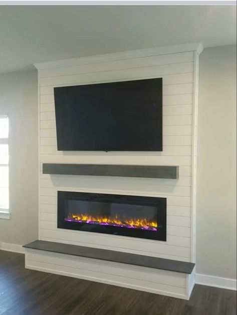 Fireplace With Big Tv Above, 50 Inch Electric Fireplace Ideas, Fireplace Wall With Mantle, Shiplap Electric Fireplace Wall With Tv, Shiplap Fireplace Wall With Tv, Fireplace Buildout, Electric Fireplace Built In, Shiplap Wall Fireplace With Tv, Electric Fireplace Ideas With Tv