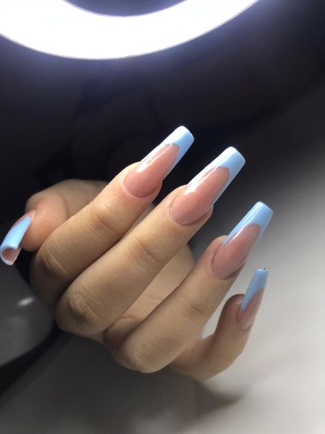 Light Blue French Tip Nails Coffin, Sky Blue French Tip 1.5, Light Blue French Tip Nails, Acrylic Nails Light Blue, Nails Light Blue, Blue Coffin Nails, Blue French Tips, Light Blue Nails, Kitty Nails