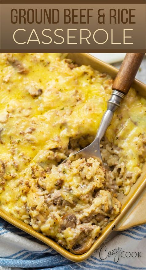 ground beef and rice casserole topped with cheese Ground Beef And Rice Casserole, Cheesy Ground Beef And Rice, Beef And Rice Casserole, Cheesy Ground Beef, Ground Beef And Rice, God Mad, Beef Casserole Recipes, Ground Beef Casserole, Dinner With Ground Beef