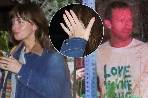 Celebrating her 34th birthday, Dakota Johnson was seen with friends and her boyfriend of six years, Coldplay's Chris Martin in Los Angeles. She was seen wearing a possible engagement ring Dakota Johnson Engagement Ring, Chris Martin And Dakota Johnson, Dakota Johnson Chris Martin, Dakota Johnson And Chris Martin, Engagement Finger, Coldplay Chris, 34th Birthday, Chris Martin, Dakota Johnson