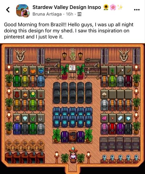 Stardew Valley House Layout No Mods, Shed Interior Stardew Valley, Stardew Valley Standard Farm Layout Year 2, Stardew Farmhouse Design, Stardew Storage Layout, Sdv Shed Design, Chest Organization Stardew Valley, Sdv Shed Layout, Stardew Valley Chest Layout