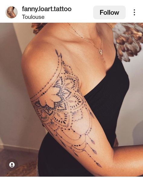 Mandala Tattoo Hip, Mandala Elbow Tattoo Women, Shoulder Mandala Tattoo, Mandala Shoulder Tattoo, Bohemian Tattoo Sleeve, Mandala Arm Tattoo, Mandala Tattoo Shoulder, Mandala Arm Tattoos, Lace Sleeve Tattoos