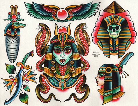 IG: @missscobra Old School Egyptian Tattoo, Traditional Mythology Tattoo, Egyptian Flash Tattoo, Neotraditional Tattoo Flash Sheet, Rattlesnake Traditional Tattoo, Traditional Cobra Head Tattoo, Traditional Illustrative Portrait Tattoo, American Traditional Baphomet Tattoo, American Traditional Occult Tattoo