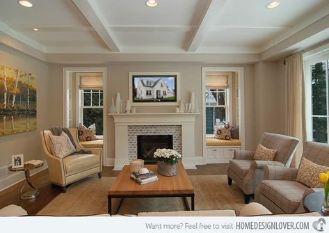 15 Interesting Traditional Living Room Designs | Home Design Lover Traditional Family Room Design, Transitional Family Room, Fireplace Windows, Traditional Design Living Room, Tv Over Fireplace, Traditional Family Room, Fireplace Tile Surround, Fireplace Built Ins, Traditional Fireplace