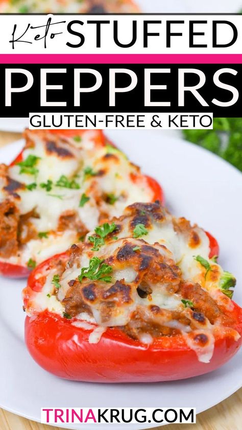 These keto stuffed peppers are a deliciously healthy, keto friendly dinner that can easily be made in less than an hour! If you love lasagna and have been wanting to find a good, keto friendly lasagna dish, then you are in luck! Filled with ground Italian sausage, cheese and more, you are going to love the explosion of flavor when you try these keto lasagna stuffed peppers. You may want to make a double batch of them though. | @trinakrug Lasagna Stuffed Peppers, Keto Stuffed Peppers, Stuffed Peppers Recipe, Gluten Free Dinner Easy, Best Keto Meals, Diet Dinner Recipes, Keto Lasagna, Low Carb Easy, Ground Italian Sausage