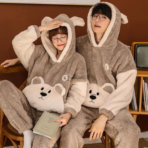 Couple Pajamas Aesthetic, Couple Pajamas Matching, Cozy Pyjamas, Boyfriend Cartoon, Couple Aesthetic Outfits, Brown Puppy, Womens Onesie, Couple Matching Outfits, Brown Puppies