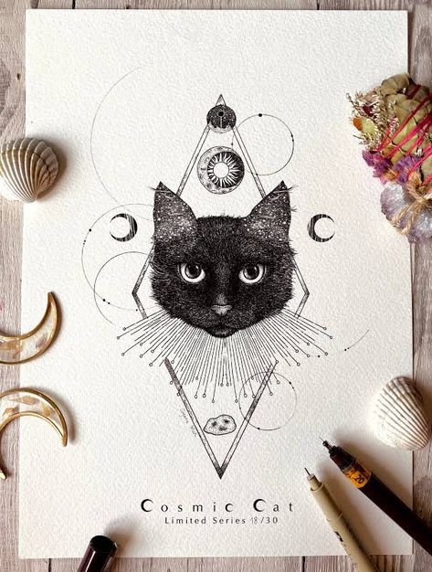 Mystic Cat Tattoo, Mind Shift, Cat Tattoo Designs, Cat Tattoo, Dark Art, Pen And Ink, Feline, Tattoo Ideas, Tattoo Designs