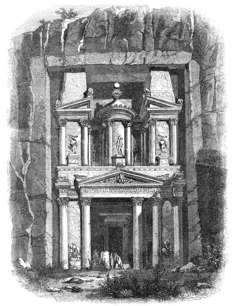 Based on an 1858 drawing of one of the most famous views of the ancient city of Petra, in Jordan. It became known as The Treasury by local Bedouins, as they believed it contained treasures, and appeared in several movies, such as Indiana Jones and the Last Crusade. #petra #jordan #ancientcity #archaeology #ancienthistory #touristattraction #arab #rock #carving #middleeast #vintagedrawing #vintageillustration #indianajones Petra Drawing, Petra In Jordan, Architecture Journal, Rock Carving, The Last Crusade, Antique Archeology, Last Crusade, City Of Petra, Petra Jordan