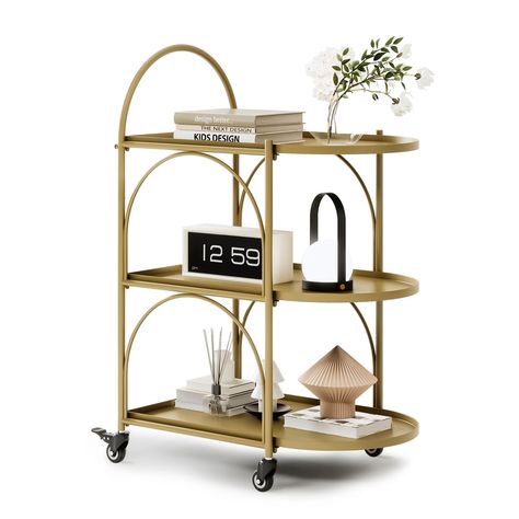 PRICES MAY VARY. 【Strong & Sturdy】 The cart measures 24" x 16" x 35.4" (L x W x H) and is constructed from high-quality metal materials with reinforced thickened round tubes. Our bar cart boasts exceptional sturdiness and resistance to deformation. It is not susceptible to rust, and cleaning is effortless. 【3-Tier Open Design】 Bar cart features an open design for better item identification and retrieval, along with edge protection to prevent items from easily falling off during movement. With a Living Room Gold, Kitchen Carts, Bar Serving Cart, Metal Cart, Cart With Wheels, Coffee Cart, Food Cart Design, Minimalist Bar, Portable Kitchen