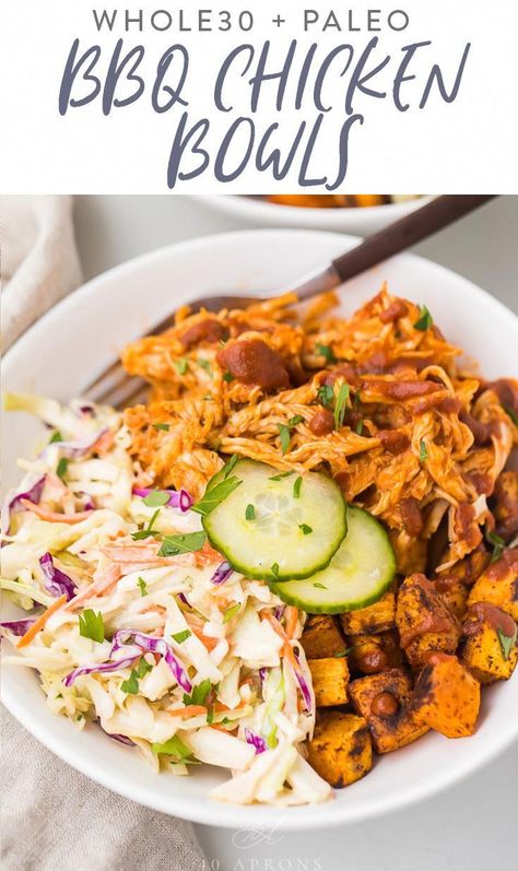 These paleo and Whole30 bowls are loaded with so much goodness: shredded BBQ chicken, seasoned sweet potatoes, coleslaw, and quick homemade dill pickles. Paleo Bbq Chicken, Homemade Dill Pickles, Paleo Bbq, Shredded Bbq Chicken, Chicken Bowls, Dill Pickles, Recipe 30, Think Food, Easy Lunches