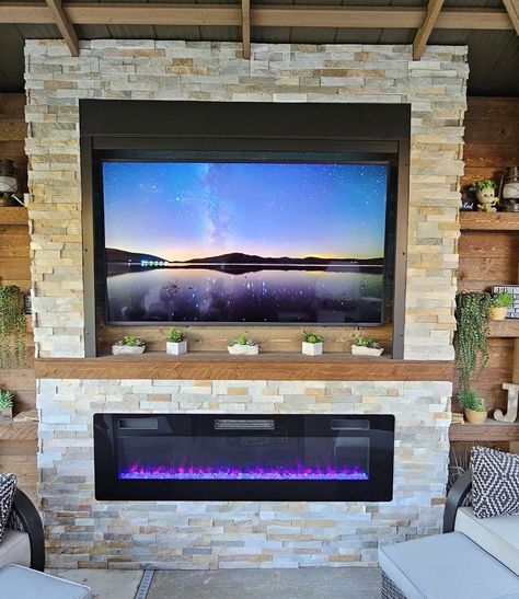 TV Enclosure: Protect from Crime, Storms & Sun | Roll-A-Shield Outdoor Tv Entertainment Center, Outdoor Fireplace With Tv Mounted, Tv Mounted Over Fireplace Patio, Outdoor Tv Protection, Backyard Tv, Outdoor Swivel Tv Mount, Outdoor Tv Lift Cabinet Weatherproof, Outdoor Tv Enclosure, Tv Enclosure