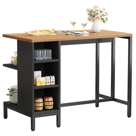 PRICES MAY VARY. STYLISH YET INDUSTRIAL STYLE: This kitchen island table with walnut wood grain tabletop and black metal frame, which adds an industrial touch to your kitchen area. Prepare your food in a stylish atmosphere! The kitchen island with shelves will be your best choice for kitchen area. AMPLE STORAGE SPACE: Measuring 43.3"(L) x 23.62"(W), this prep table offers a spacious worktop for food prep. Features with 5 open storage shelves on the side for daily necessities. The utility storage Kitchen Counter Table, Apartment Kitchen Island, Kitchen Prep Table, Island Bar Stools, Industrial Kitchen Island, Fold Out Table, Walnut Stools, Open Storage Shelves, Kitchen Bar Table