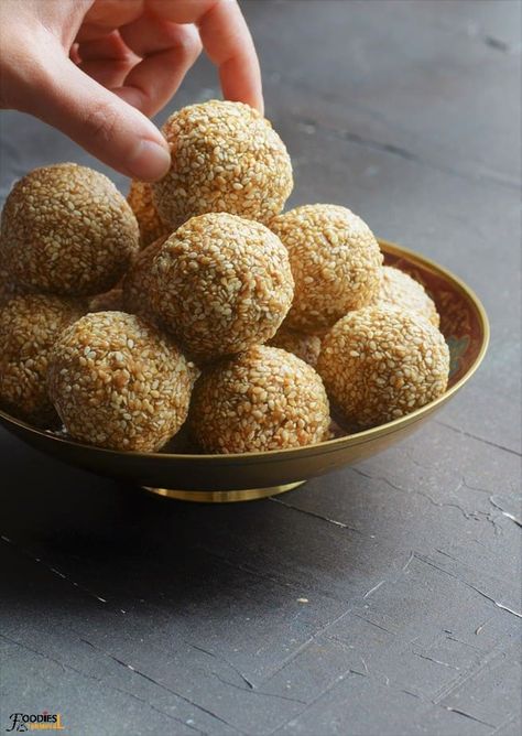 Til Laddu | Sesame Laddu ( Step by Step and Video ) » Foodies Terminal Til Laddu, Jaggery Recipes, Delicious Food Image, Diwali Snacks, Quick Recipes Snacks, Indian Dessert Recipes, Easy Food Art, Indian Festival, Indian Sweet