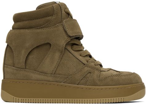 High-top paneled suede sneakers in tan. · Perforated detailing at toe · Lace-up closure · Adjustable velcro strap at vamp · Logo patch at padded tongue · Padded collar · Mesh lining · Treaded rubber platform sole · Platform: H1.5 in Supplier color: Taupe Hi Top Sneakers, Character Clothing, Hightop Sneakers, Velcro Sneakers, Fall 24, Dress Pretty, Shoe Inspo, Hi Top, Suede Sneakers