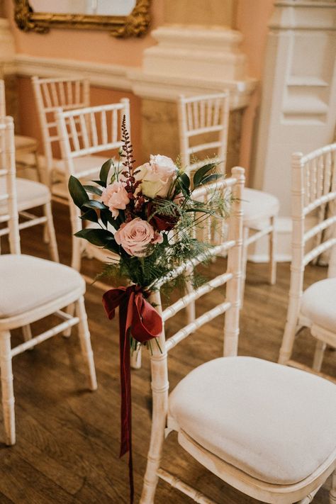 Burgundy Chair Sashes, Burgundy Aisle Flowers, Wedding Aisle Red, Chair Flower Decoration, Church Aisle Decorations, Pink And Burgundy Wedding, Wedding Decisions, Burgundy Decor, Flower Chair