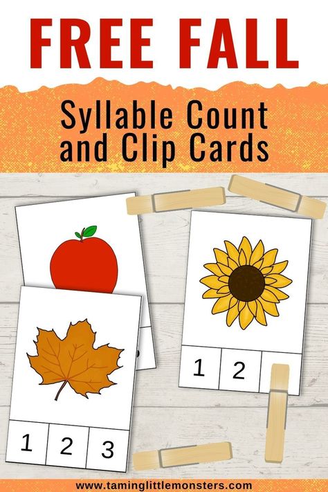 Fall Syllable Count and Clip Cards - Free Printable for Kids. this is a wonderful literacy resource for your early years classroom. Count how many syllables in these autumn themed words and clip the correct number. Perfect for preschoolers and kindergarteners. #fall #autumn #freeprintable #literacy #preschool #kindergarten Fall Syllables Preschool, Thanksgiving Syllables Free, Syllables Kindergarten, Literacy Preschool, Thanksgiving Activities Preschool, Literacy Activities Preschool, Preschool Fall, Early Years Classroom, Fall Preschool Activities