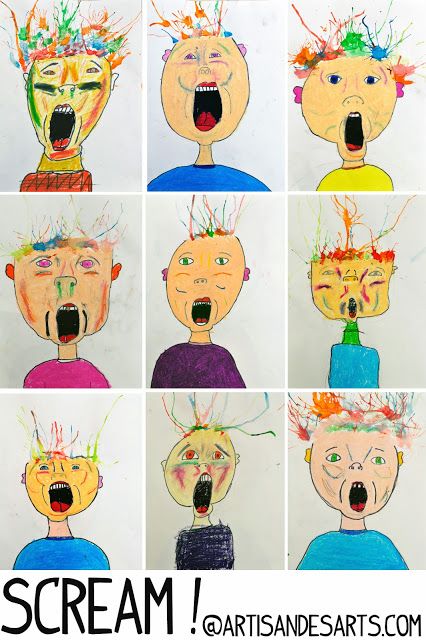 Screamy portraits with straw-blown hair. I love that her students interpreted this as exploding brains! Class Website, Art Docent, James Rizzi, 2nd Grade Art, 3rd Grade Art, The Scream, Art Lessons For Kids, Crafts And Diy, Elementary Art Projects