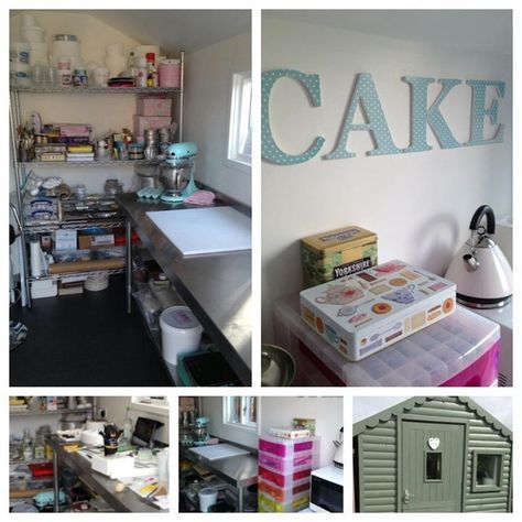 Cake shed Cake Room Organization, Bakery Shed Ideas, Bakery Kitchen Ideas, Bakery Shed, Shed Bakery, Baking Storage Ideas, Baking Space, Tiny Bakery, Baking Supplies Organization