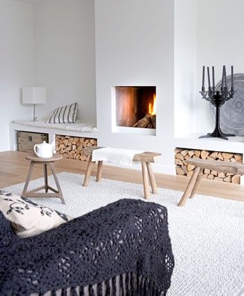 Scandinavian Fireplace Ideas, Scandinavian Fireplace, Firewood Storage, Trendy Living Rooms, Home Fireplace, Fireplace Mantle, Living Room With Fireplace, Fireplace Design, A Living Room