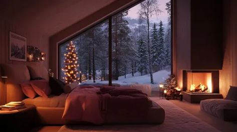 ↑↑↑ Larger size on website 🔸 The image depicts a cozy bedroom with a large window overlooking a snowy forest. A Christmas tree st Forest Christmas Tree, Christmas Tree Fireplace, Christmas Tree Stands, Bedding And Pillows, Plush Bedding, Forest Christmas, Snow Night, Tree Stands, Large Window