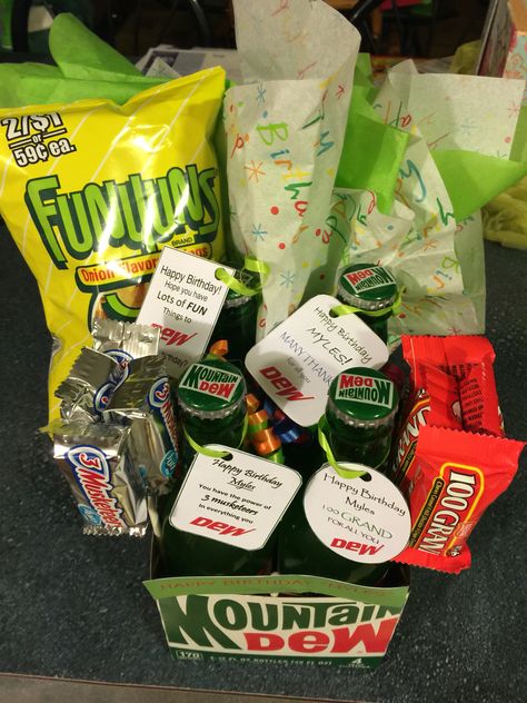 Mountain Dew lovers Mt Dew Gift Ideas, Mountain Dew Gift Basket, Mountain Dew Gift Ideas, Mountain Dew Cake, Cake Tower, 40th Birthday Funny, Birthday Funny, Birthday Gifts For Husband, Mountain Dew