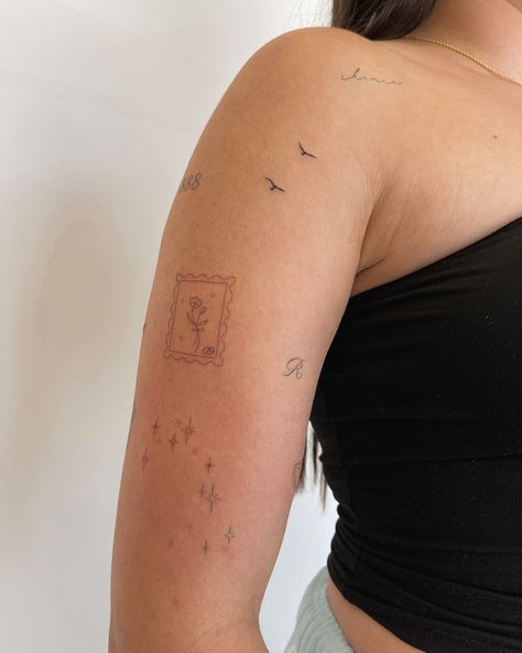 Birth flower stamp, black birds tattoo, constellation tattoo, sparkle/star tattoos, tiny tattoos Black Birds Tattoo, Tattoo Sparkle, Star Constellation Tattoo, Sticker Sleeve, Tiny Bird Tattoos, Sparkle Tattoo, Small Star Tattoos, Black Bird Tattoo, Constellation Tattoo