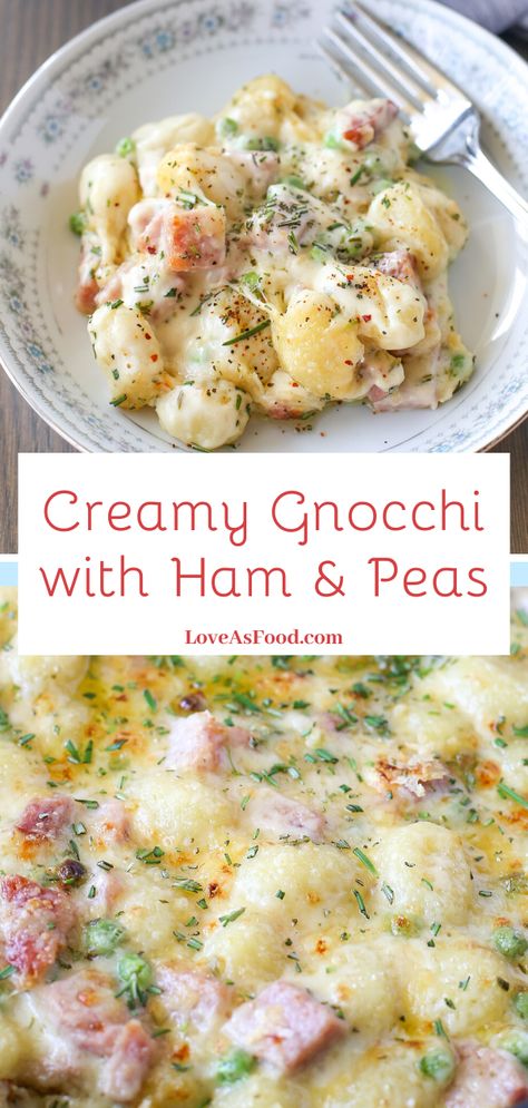 Creamy Gnocchi with Ham and Peas - Love As Food Ham And Cheese Gnocchi, Ham Gnocchi Soup, Prosciutto Gnocchi Recipes, Ham Gnocchi Recipes, Things To Do With Ham, Ham And Gnocchi Recipes, Gnocchi Casserole Recipes, Things To Make With Ham, Ham And Gnocchi