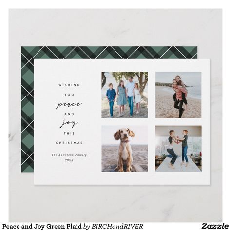 Peace and Joy Green Plaid Holiday Card Plaid Christmas Card, Simple Holiday Cards, Christmas Holiday Photos, Holiday Templates, Peace And Joy, Homemade Christmas Cards, Healthy Holidays, Multi Photo, Diy Christmas Cards