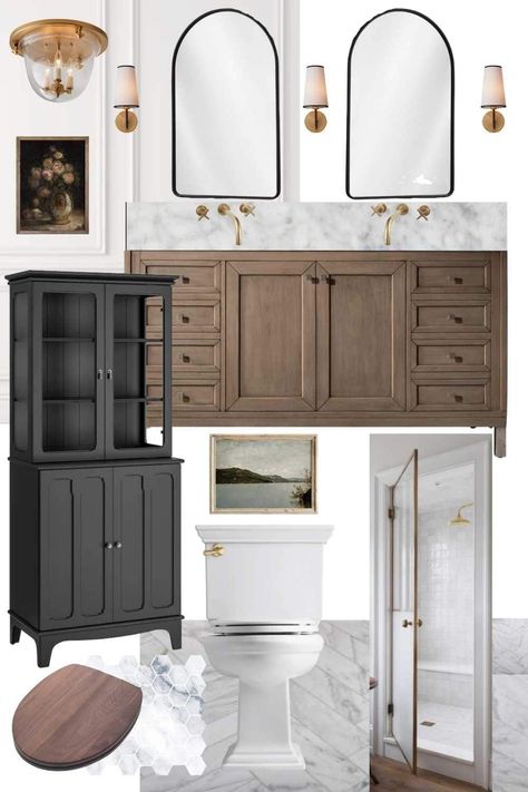 Bathroom Vintage Vanity Ideas, Studio Mcgee Guest Bathroom, Statuary Marble Bathroom, Classic Bathroom Vanities, Timeless Walk In Shower Ideas, Tradition Bathroom Ideas, Timeless Neutral Bathroom, Classic Bathroom Floors, Large Cottage Bathroom