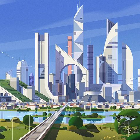 Futuristic City Landscape, City Concept Design, Futuristic City Illustration, Futuristic Building Concept Art, Developed City, City Development, Rumah Minecraft Sederhana, Futuristic Building, Building Illustration