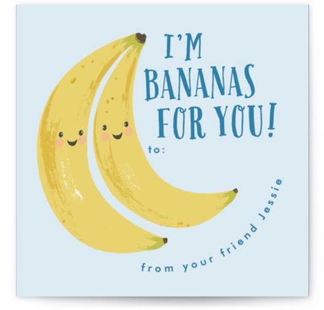 This Classroom Valentine Features Two Cute Bananas Set Against A Soft Colored Background. Blue Valentine Day Cards From Minted By Independent Artist Karidy Walker. Sky CVD. Bananas For You Valentine, Lets Go Bananas Birthday, Banana Valentine, Banana Cat Holding Heart, Banana Card, Banana Puns Funny, Classroom Valentine Cards, Nursery Room Themes, New Baby Greetings