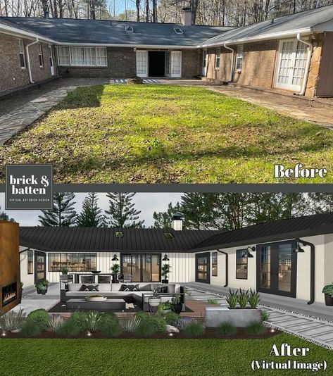 Modern Farmhouse Backyard, Exterior Home Makeover, Farmhouse Backyard, Ranch House Remodel, Exterior House Renovation, Court Yard, Exterior House Remodel, House Makeovers, Home Exterior Makeover