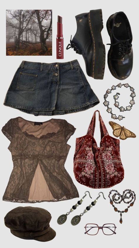 #outfit #browntones #warmtones #redtones #weirdgirlautumn #denimskirt #autumn #autumnoutfit Downtown Outfits, Thrifted Outfits, Autumn Fits, Swaggy Outfits, Look At You, Estilo Retro, Melanie Martinez, Up Girl, Lookbook Outfits