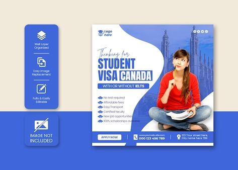 Study abroad education instagram post an... | Premium Psd #Freepik #psd #education #social-media #learning #post Education Instagram Post, School Post, Education Post, Visa Canada, Work Permit, Banner Template Design, Job Opportunities, Banner Template, Study Abroad