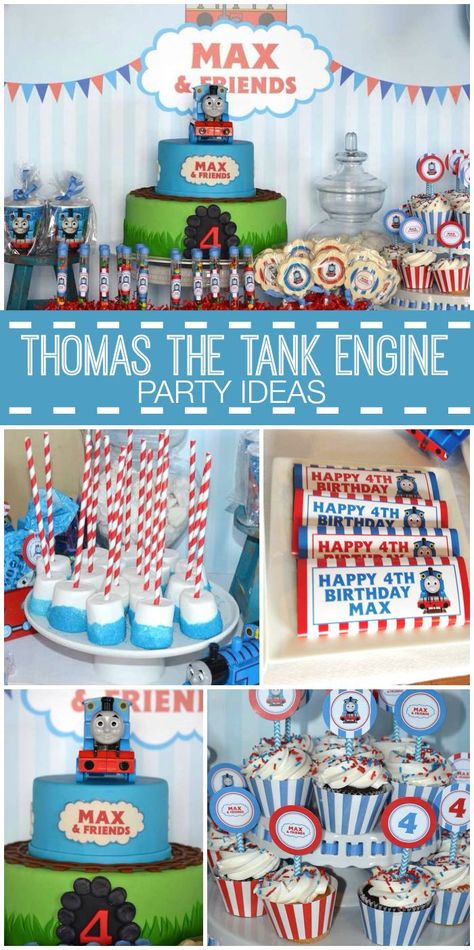 A Thomas the Tank Engine boy birthday party with chocolate truffles, marshmallow pops and cupcakes!  See party planning ideas at CatchMyParty.com! Thomas Train Birthday, Train Theme Birthday Party, Thomas Birthday Parties, Thomas The Train Birthday Party, Birthday Cupcakes Decoration, Thomas The Train Party, Thomas Birthday, Trains Birthday Party, Third Birthday Party